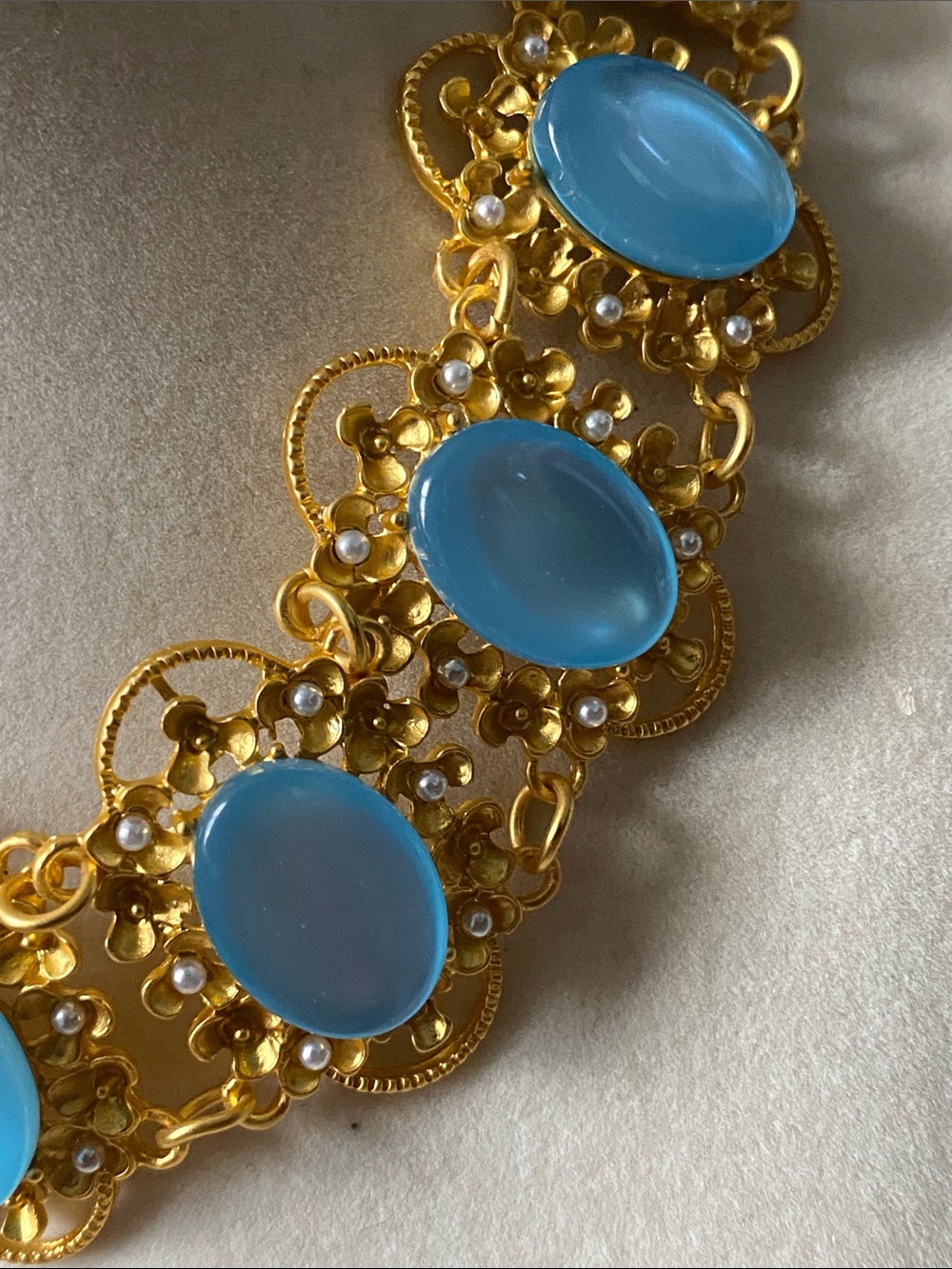 Matte Gold Blue Cabochon Statement Necklace with Faux Pearls - Picture 2 of 6